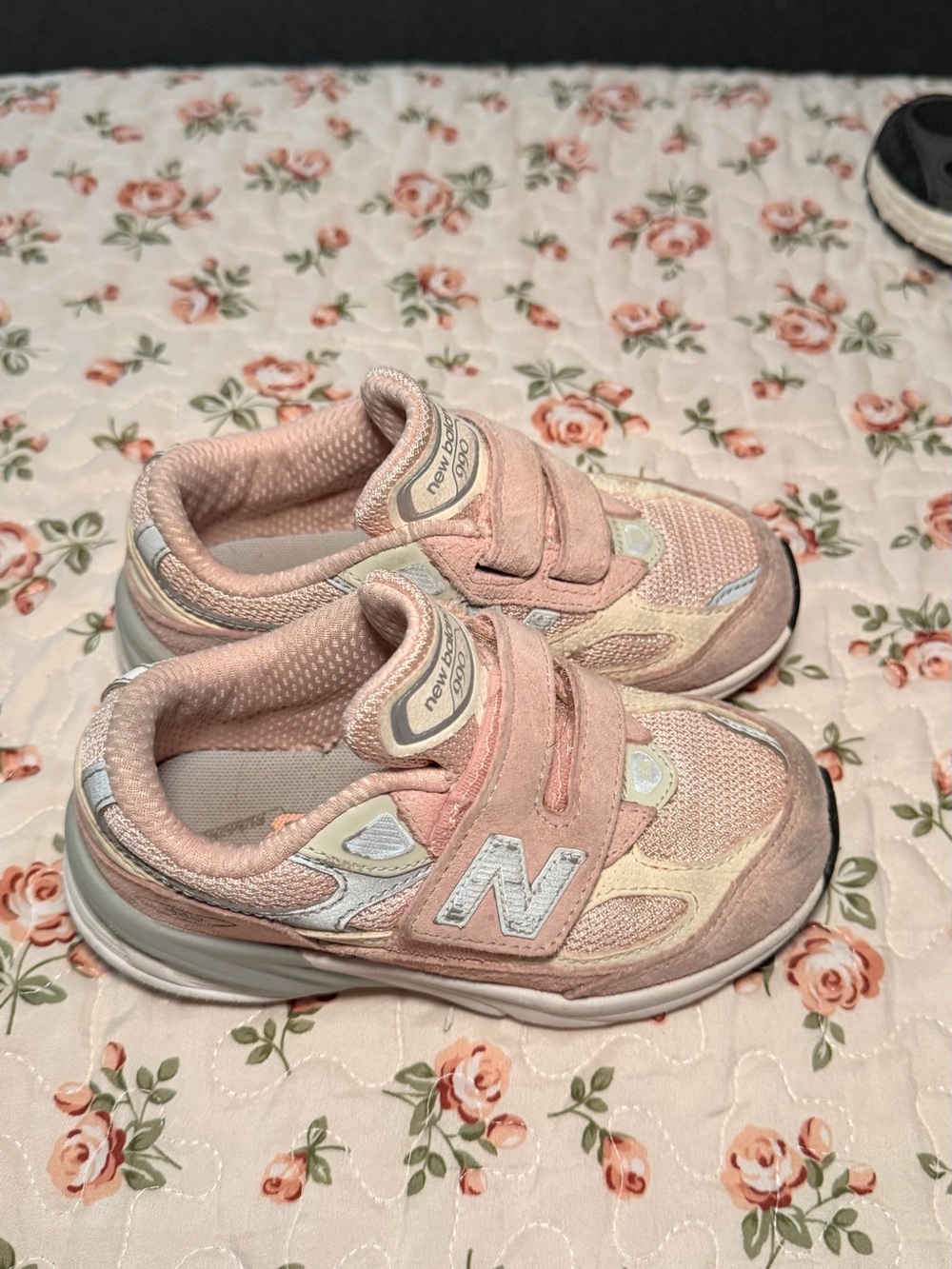 New Balance Kids Pink and Cream Velcro Athletic Sneakers